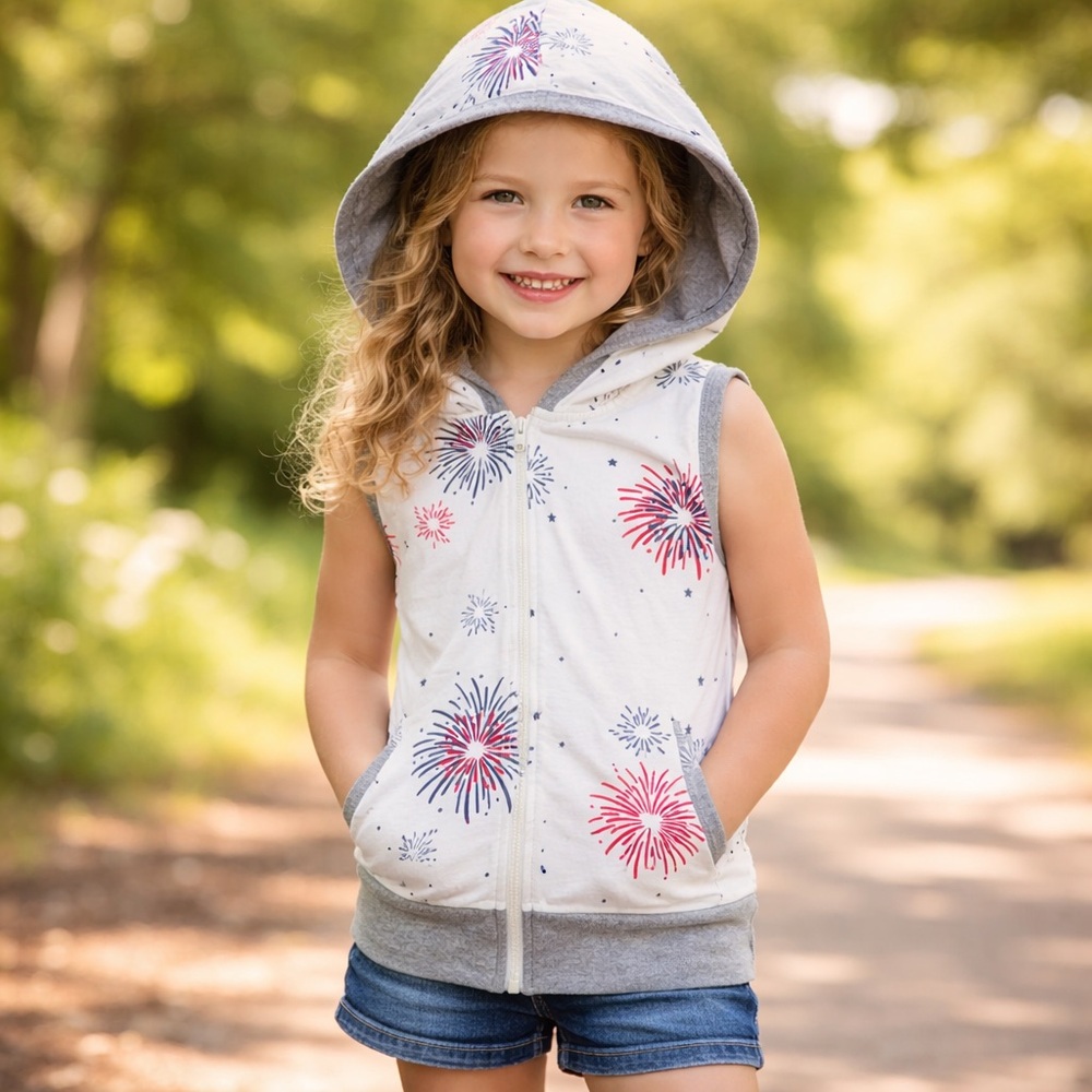 Monica And Andy‎ Sleeveless Zip-Up Hoodie White Gray Independence Day Vest 6/7